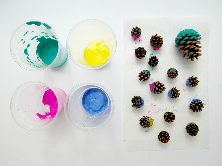 Pinecones dipped in acrylic paint