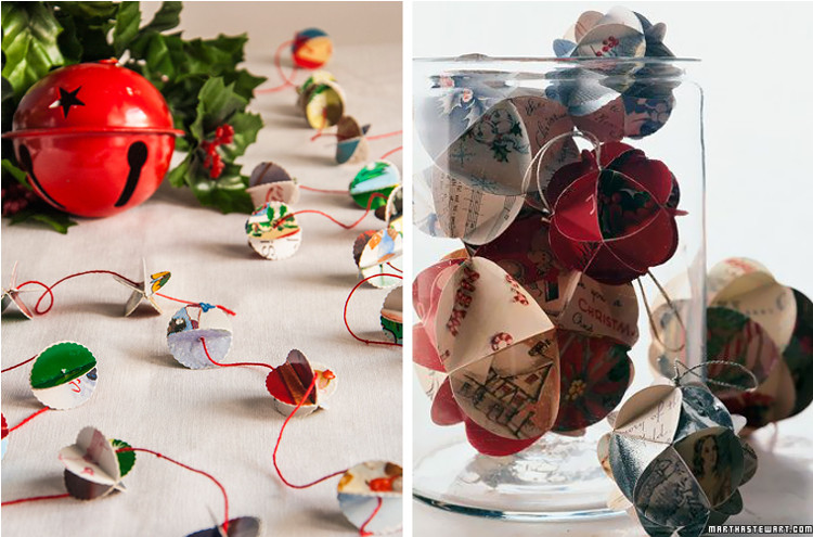 Recycled Christmas card garland at Bobbi Lewin and Martha Stewart ornaments