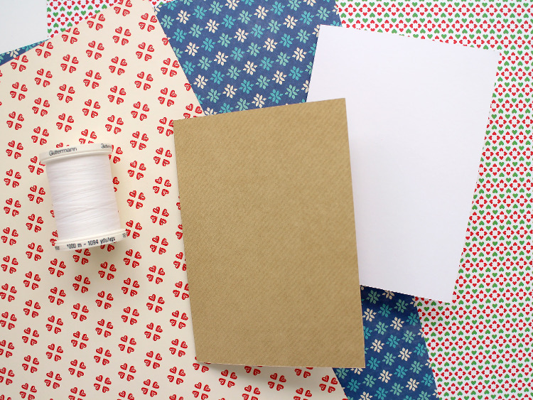 Festive scrapbook paper, card blanks and white thread
