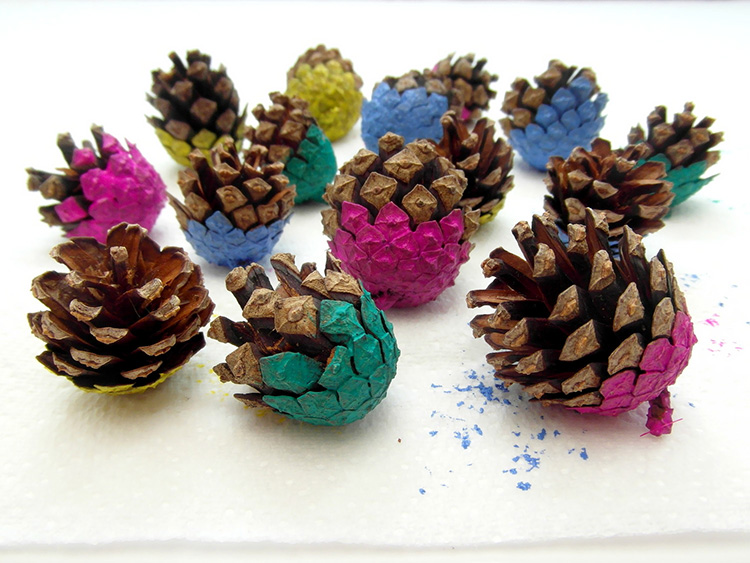 Brightly painted pinecones