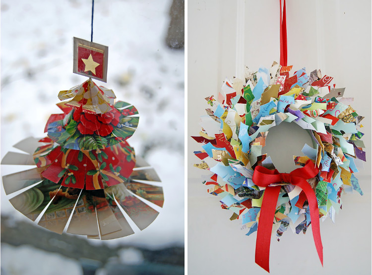 Recycled Christmas card wreath at Crafty Sy and Thinly Spread ornament