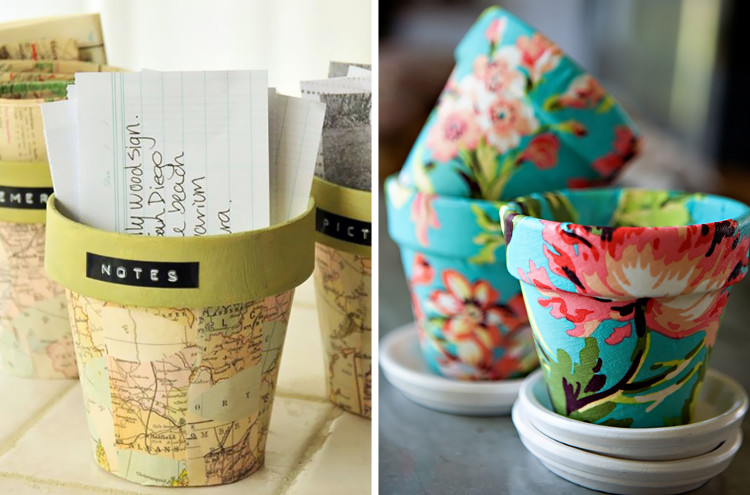 Decorate plant pots with fabric or paper and mod podge
