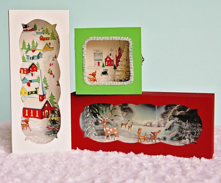 Festive box scenes using old Christmas cards at My So Called Crafty Life