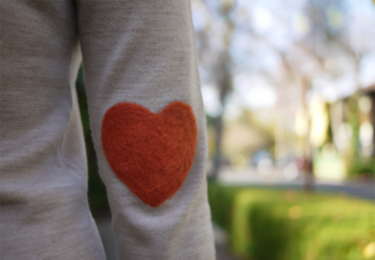 Heart shaped needle-felted elbow patch