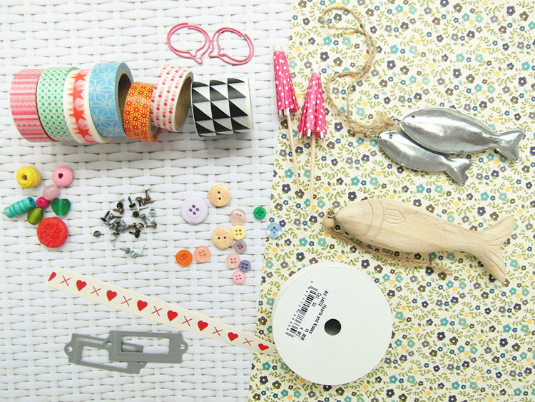 Scrapbook embellishments - tapes, charms, beads, buttons, ribbon
