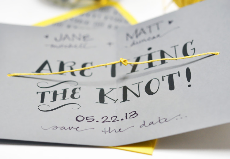 Imaginative Save the Date card that ties a knot