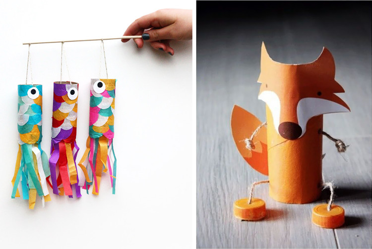 Toilet roll fish and fox puppets