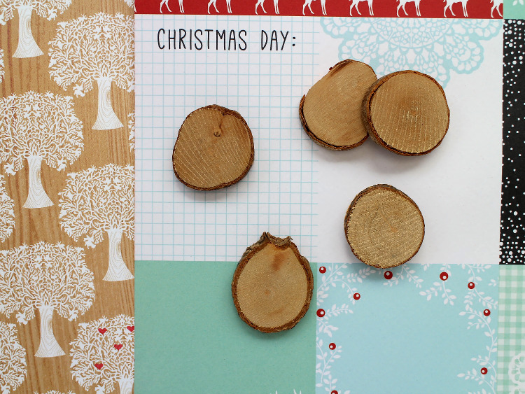 Wooden discs and festive scrapbook paper